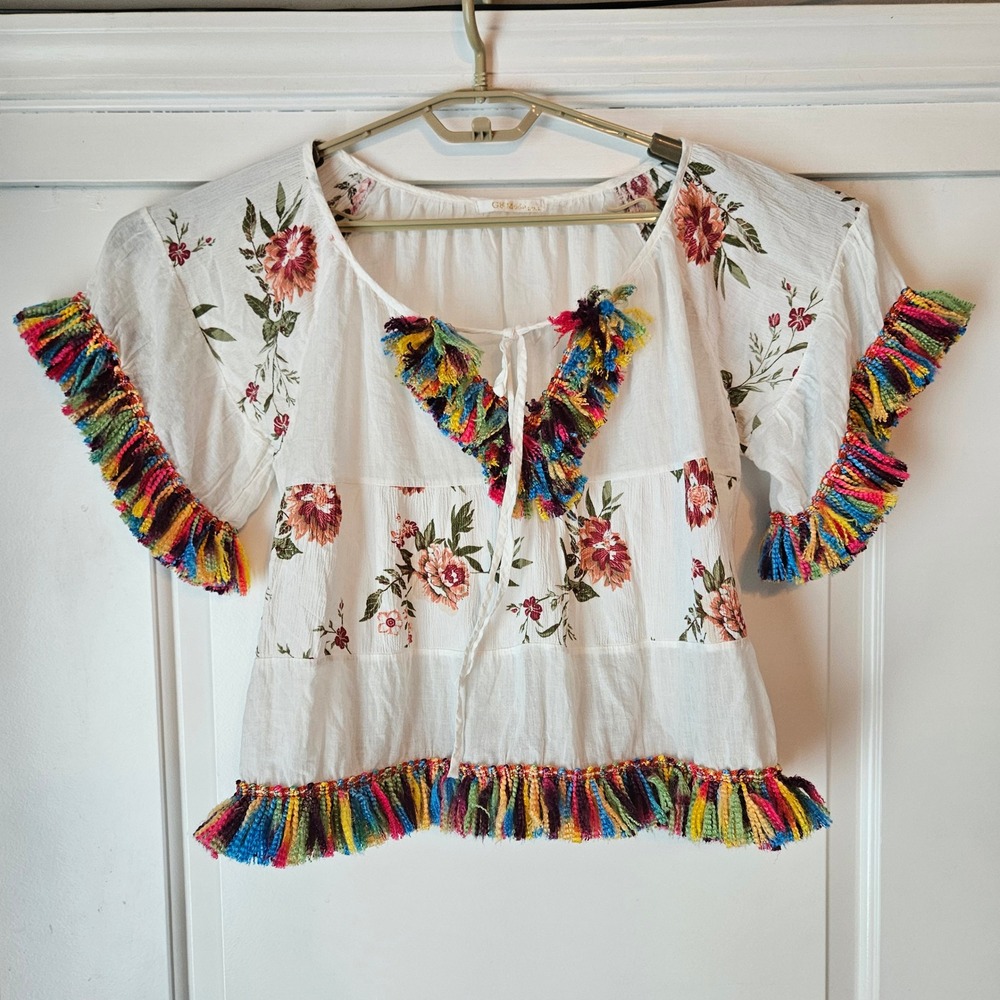 Boho Floral White Blouse Top Rainbow Fringe Tassel L/XL Festival Lightweight